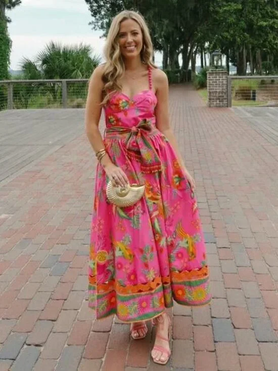 FARM RIO Delicate Fruit Garden Pink Midi Dress Size Small New - Picture 1 of 7